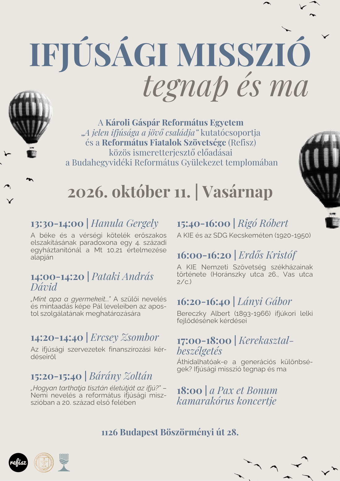 "Ifjúsági misszió tegnap és ma" - ismeretterjesztő előadások gyülekezetünkben (2026.10.11. 13:30-17:00))