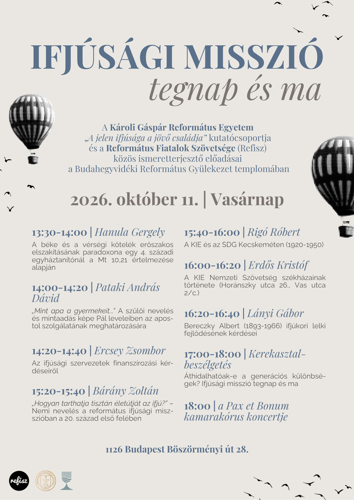"Ifjúsági misszió tegnap és ma" - ismeretterjesztő előadások gyülekezetünkben (2026.10.11. 13:30-17:00))