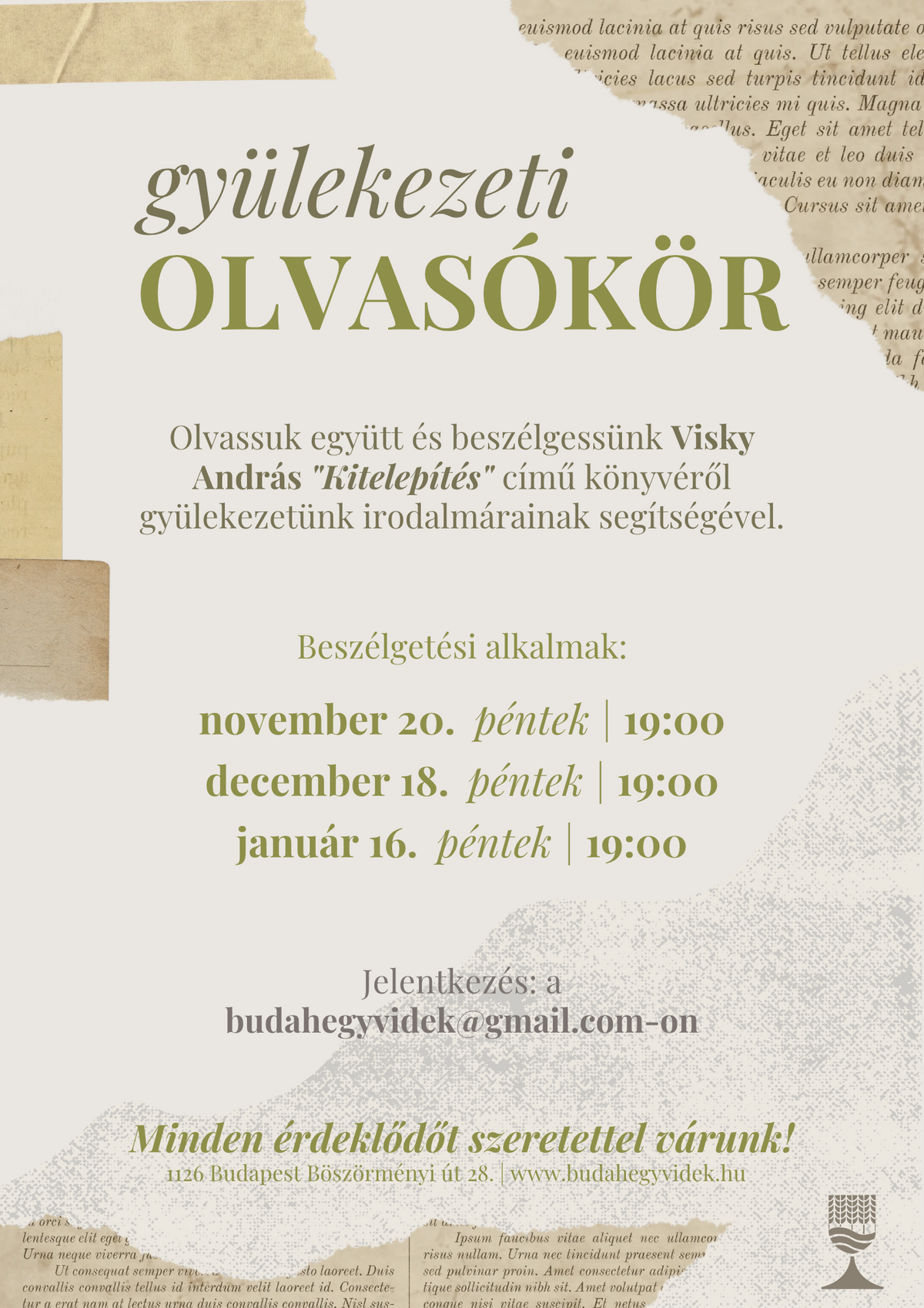 Gyülekezeti olvasókör indul - Visky András: Kitelepítés - 1. alkalom: 2026.11.20. 19:00